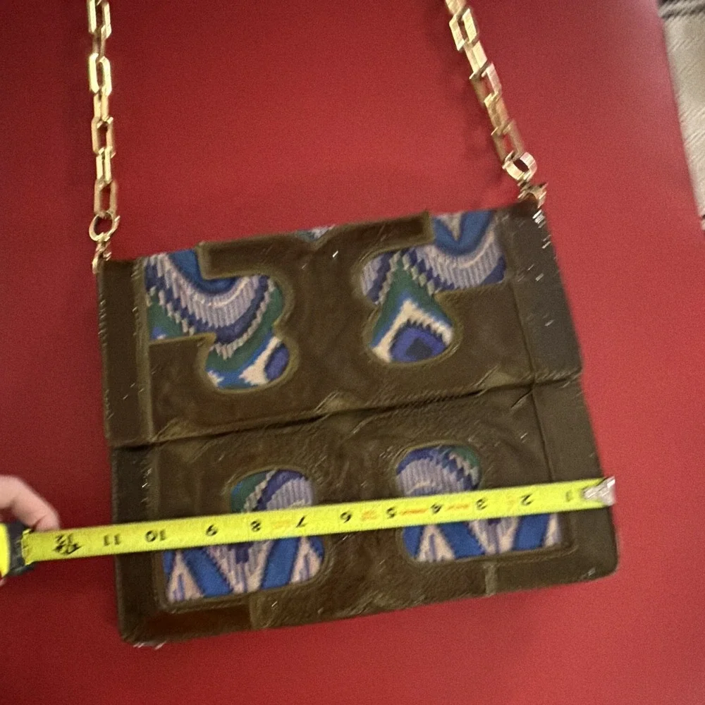 Tory Burch Indie Vintage Retro Artsy Olive Blue Shoulder Bag Gold Chain